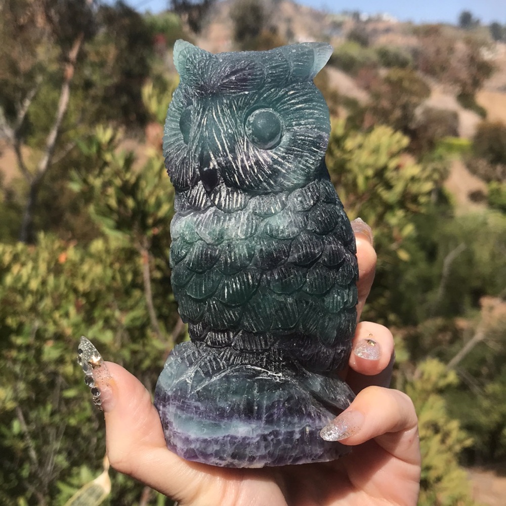 Natural fluorite crystal hand carved owl